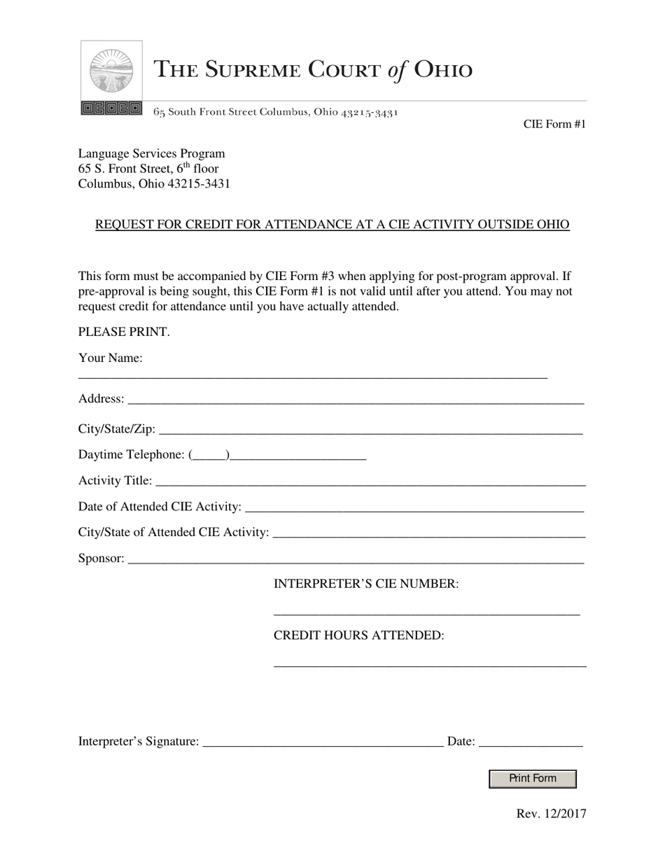 CIE Form 1 Request for Credit for Attendance at a Cie Activity Outside Ohio - Ohio, Page 1