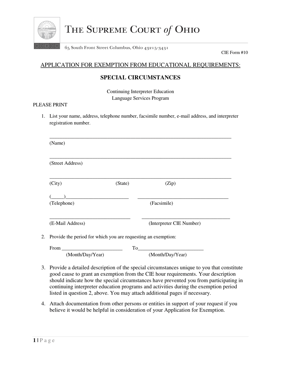 CIE Form 10 Application for Exemption From Educational Requirements - Special Circumstances - Ohio, Page 1