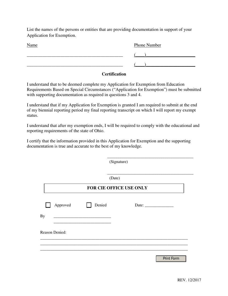 CIE Form 10 Application for Exemption From Educational Requirements - Special Circumstances - Ohio, Page 2