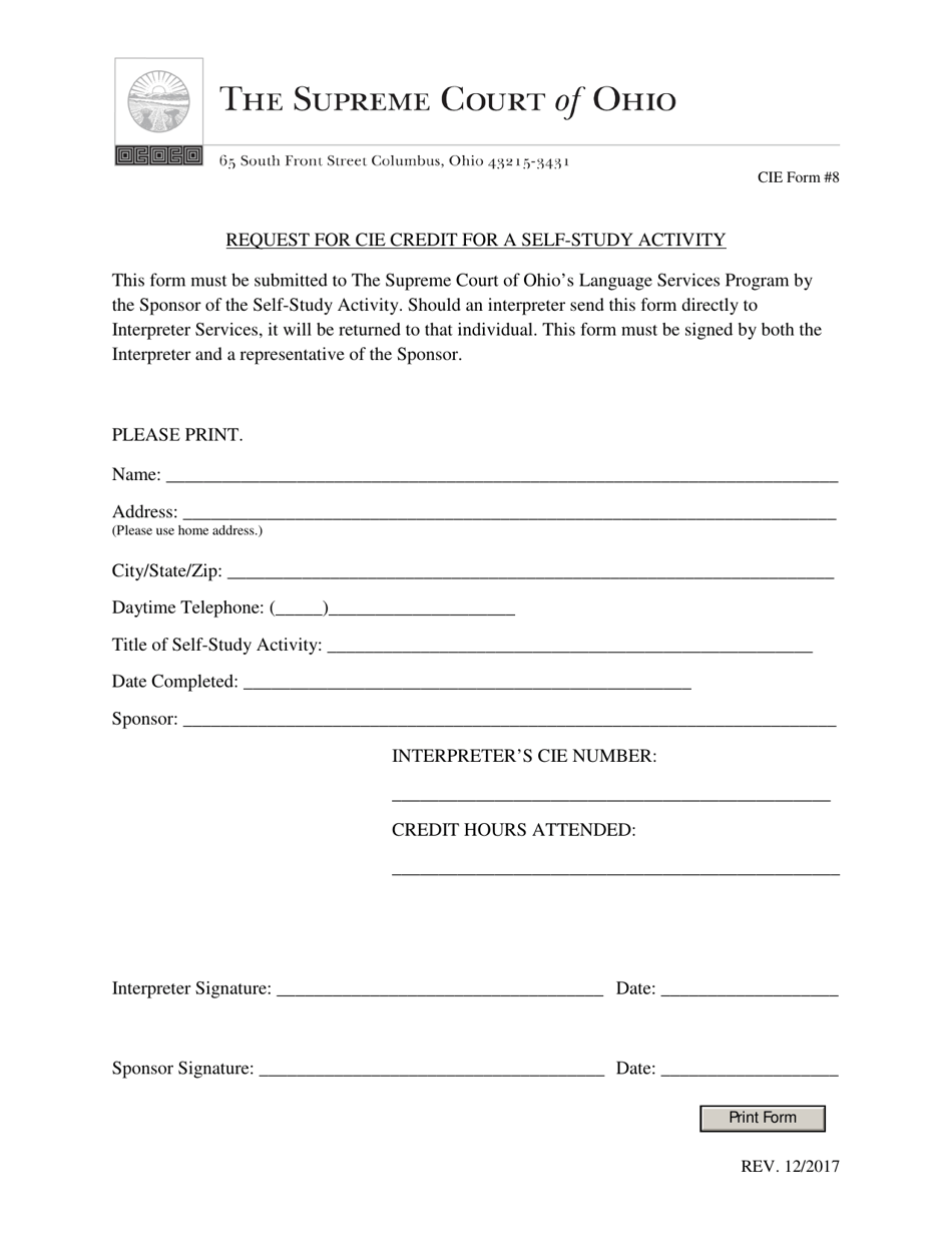 CIE Form 8 Request for Cie Credit for a Self-study Activity - Ohio, Page 1