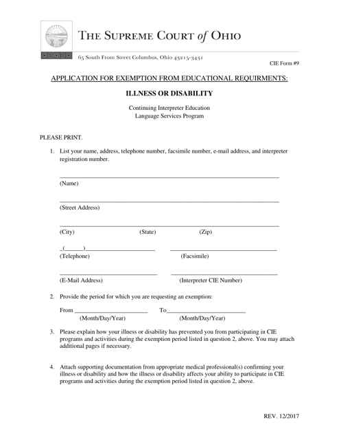CIE Form 9 Application for Exemption From Educational Requirements - Illness or Disability - Ohio