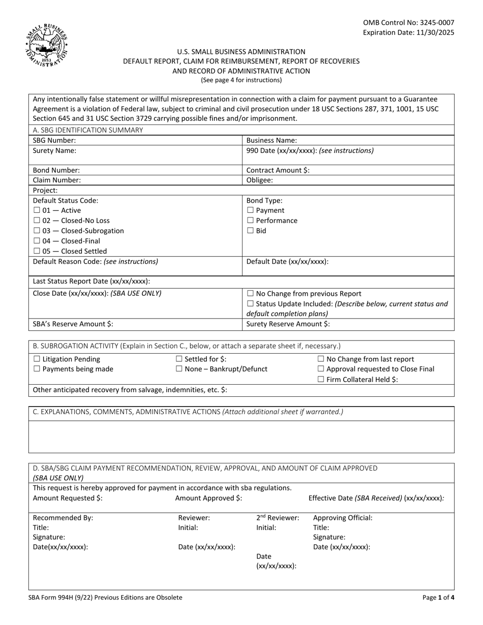 SBA Form 994H Default Report, Claim for Reimbursement, Report of Recoveries and Record of Administrative Action, Page 1