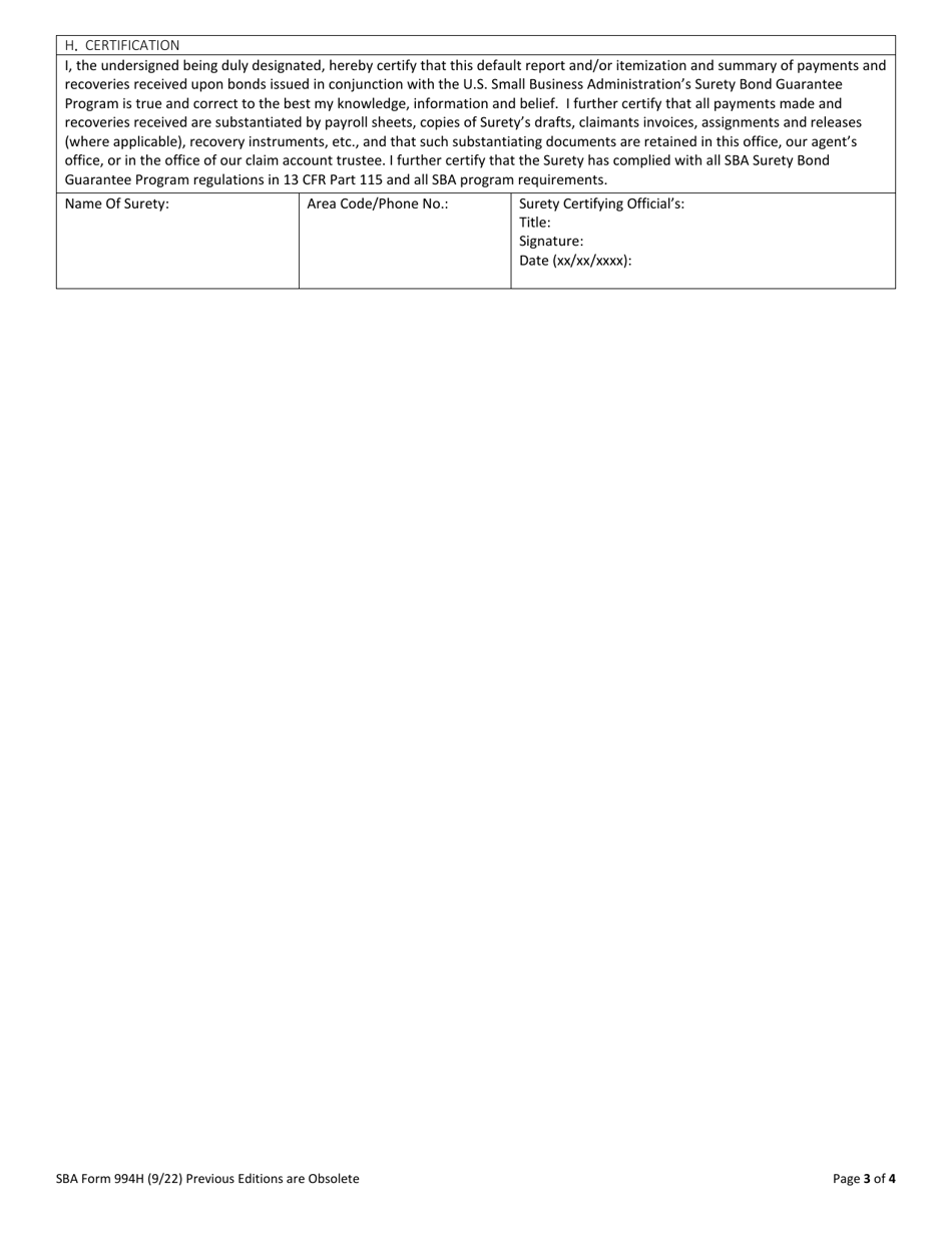 SBA Form 994H Default Report, Claim for Reimbursement, Report of Recoveries and Record of Administrative Action, Page 3