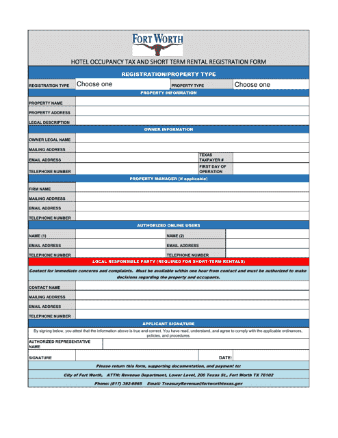 Hotel Occupancy Tax and Short Term Rental Registration Form - City of Fort Worth, Texas Download Pdf