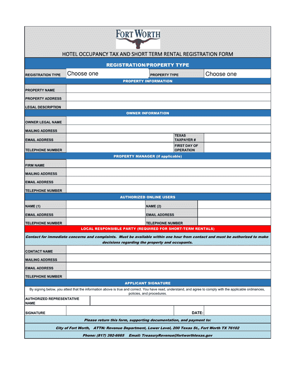 Hotel Occupancy Tax and Short Term Rental Registration Form - City of Fort Worth, Texas, Page 1