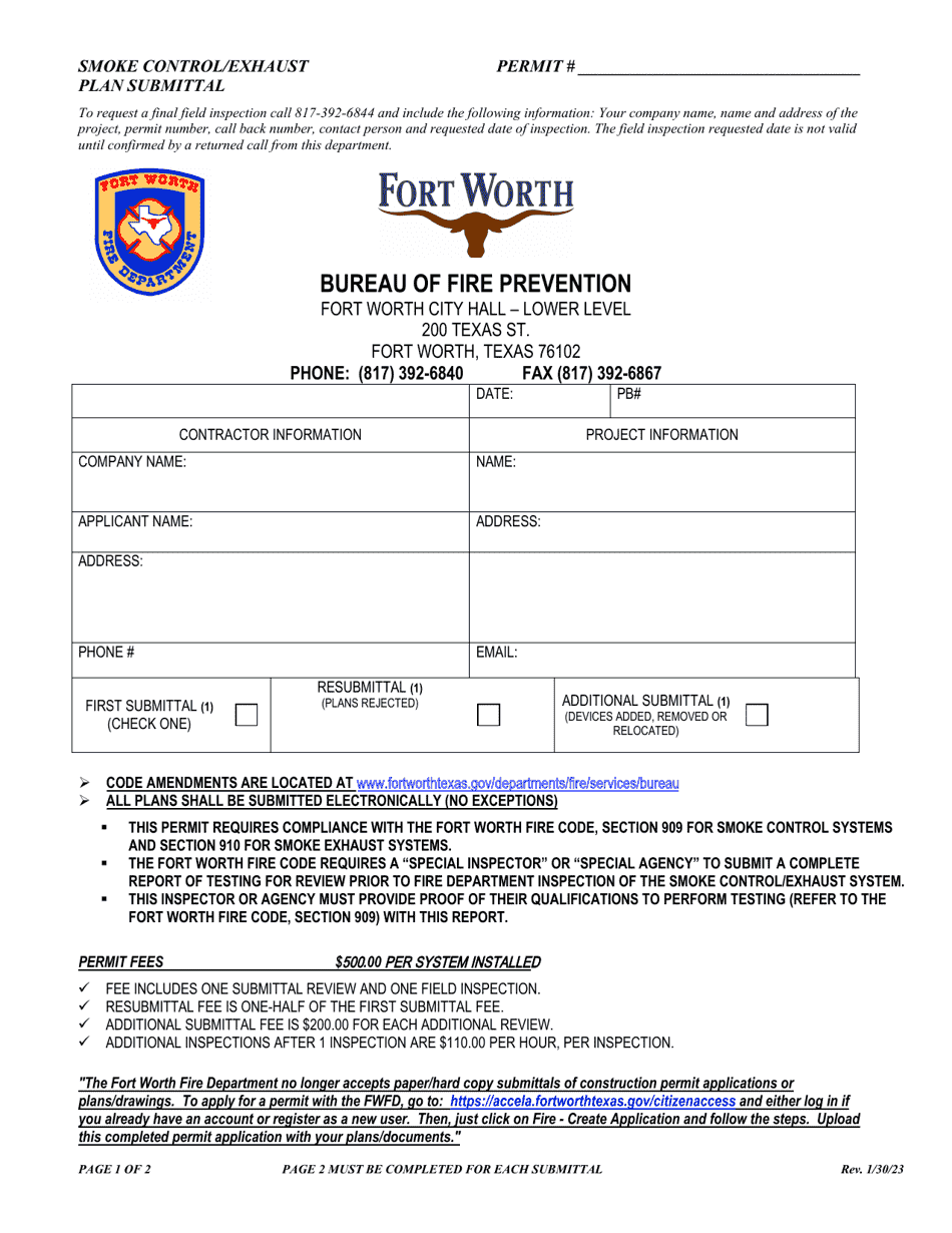 City of Fort Worth, Texas Smoke Control/Exhaust Plan Submittal Fill Out, Sign Online and