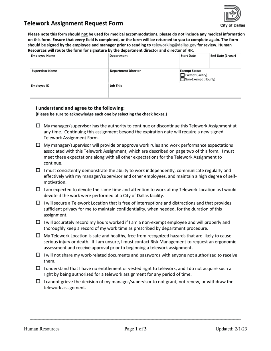 Telework Assignment Request Form - City of Dallas, Texas, Page 1