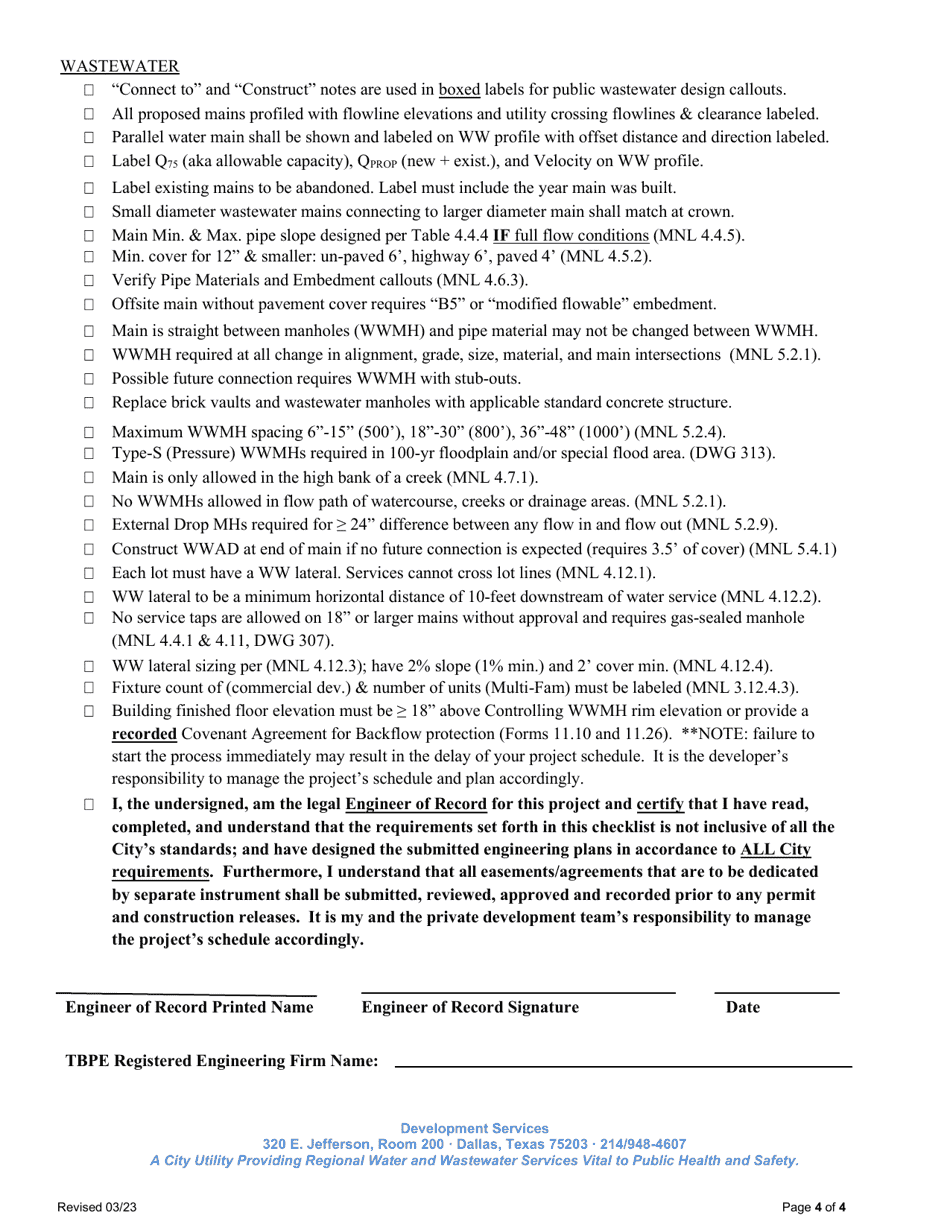 Water / Wastewater Engineering Design Checklist - City of Dallas, Texas, Page 4