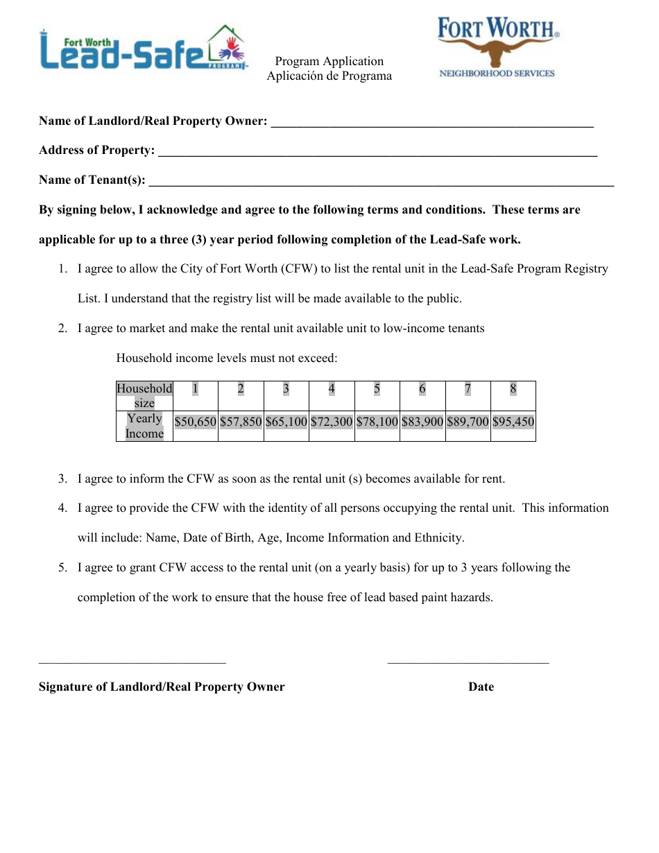 Lead-Safe Program Renter Application - City of Fort Worth, Texas, Page 1