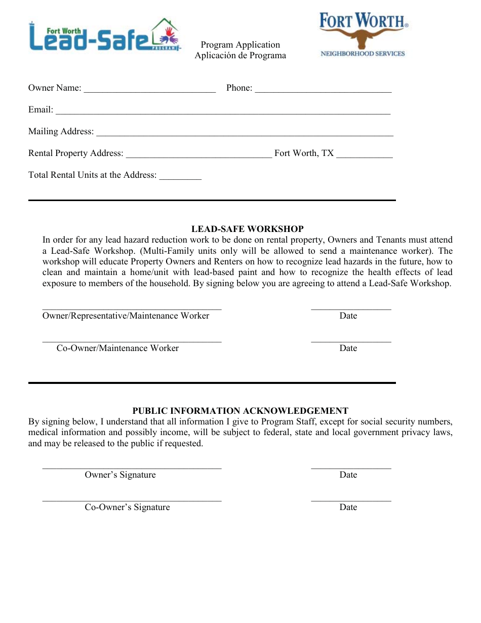 Lead-Safe Program Renter Application - City of Fort Worth, Texas, Page 2