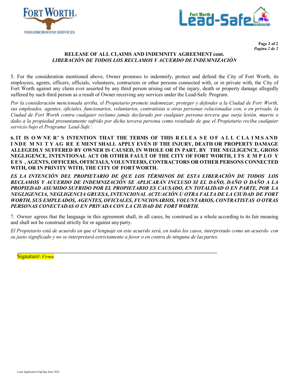 Lead-Safe Homeowner Application - City of Fort Worth, Texas (English / Spanish), Page 11