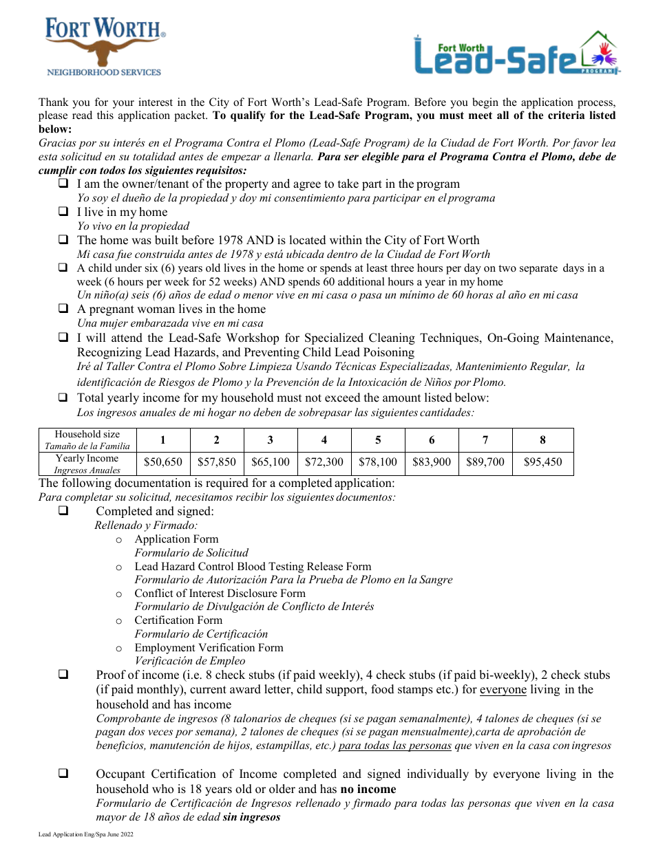 Lead-Safe Homeowner Application - City of Fort Worth, Texas (English / Spanish), Page 1