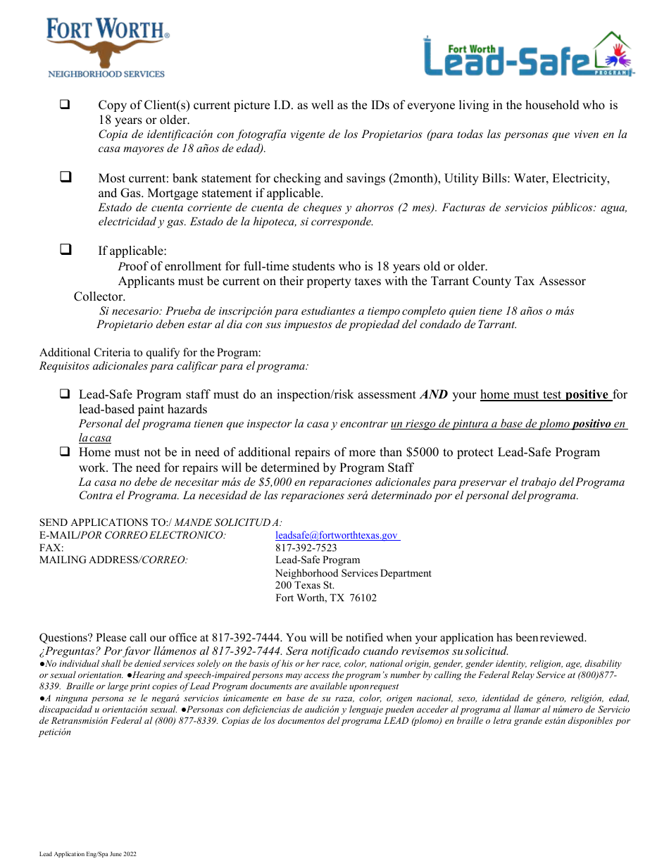 Lead-Safe Homeowner Application - City of Fort Worth, Texas (English / Spanish), Page 2