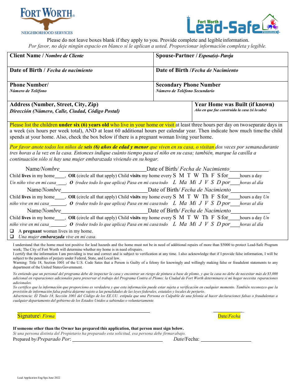 Lead-Safe Homeowner Application - City of Fort Worth, Texas (English / Spanish), Page 3