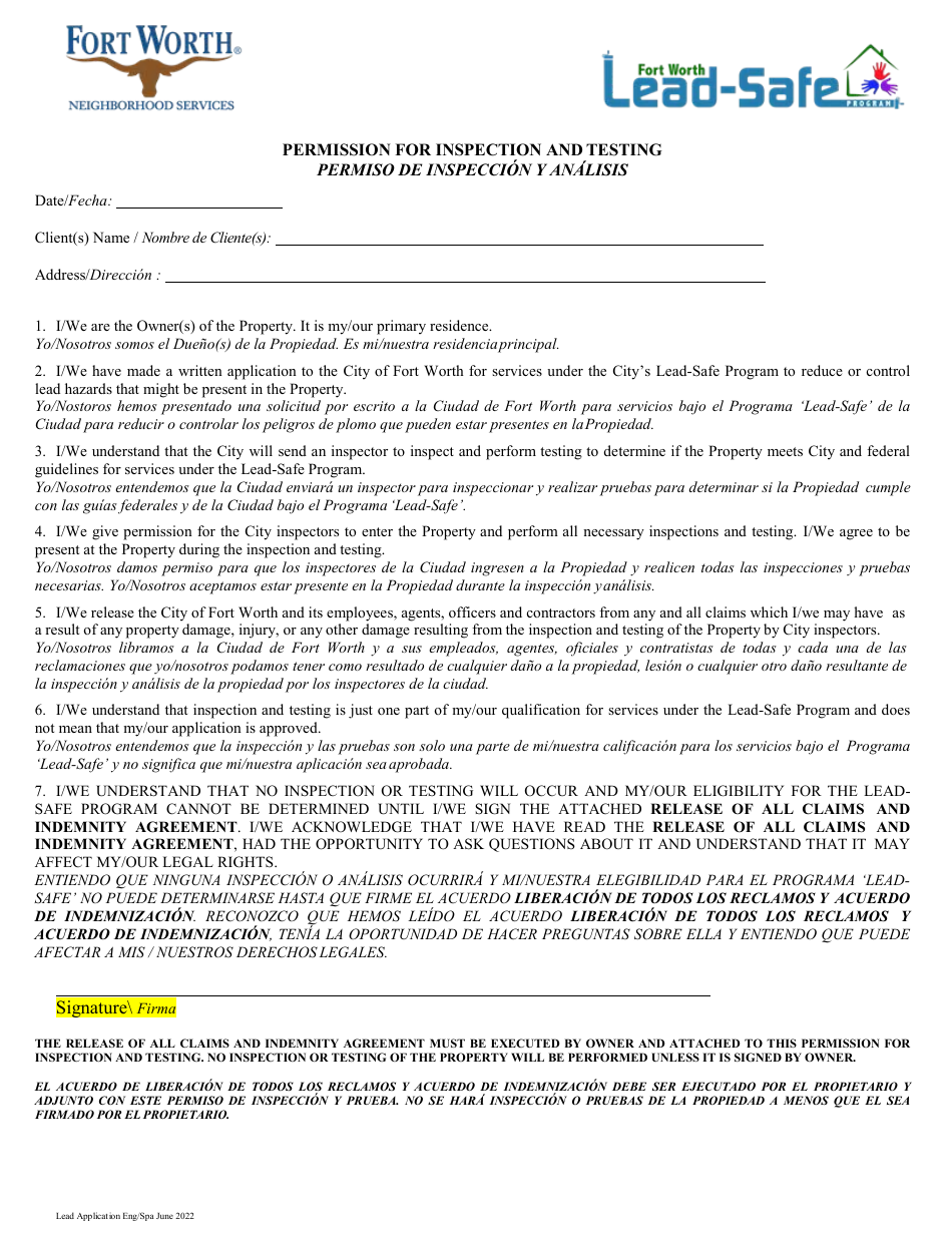 Lead-Safe Homeowner Application - City of Fort Worth, Texas (English / Spanish), Page 9