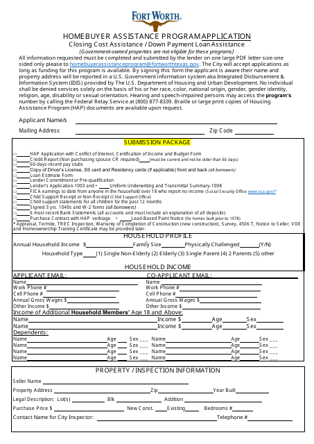 Homebuyer Assistance Program Application - City of Fort Worth, Texas Download Pdf