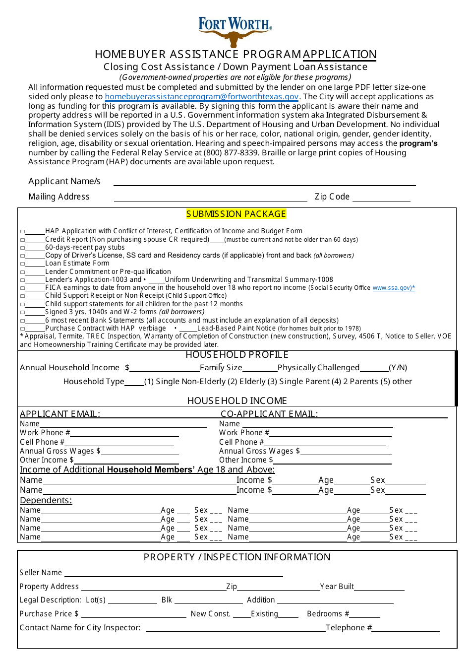 Homebuyer Assistance Program Application - City of Fort Worth, Texas, Page 1