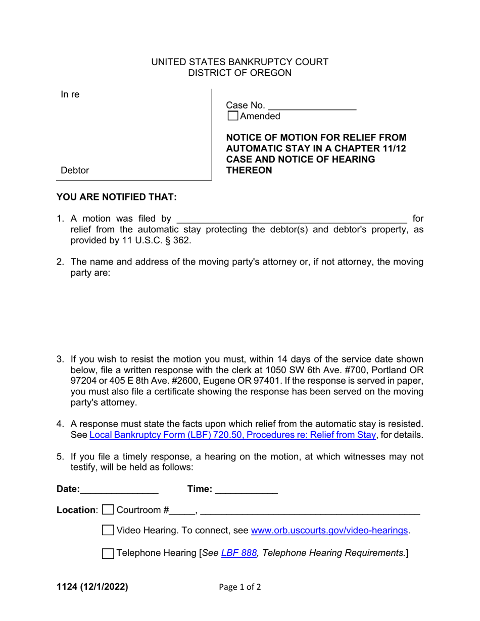 Form 1124 Notice of Motion for Relief From Automatic Stay in a Chapter 11 / 12 Case and Notice of Hearing Thereon - Oregon, Page 1