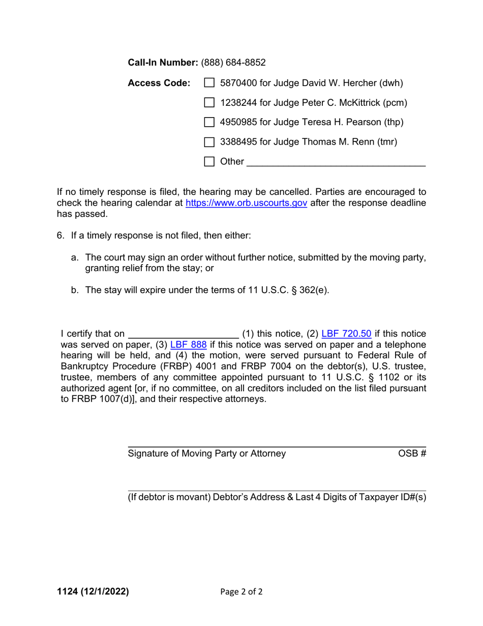 Form 1124 Notice of Motion for Relief From Automatic Stay in a Chapter 11 / 12 Case and Notice of Hearing Thereon - Oregon, Page 2