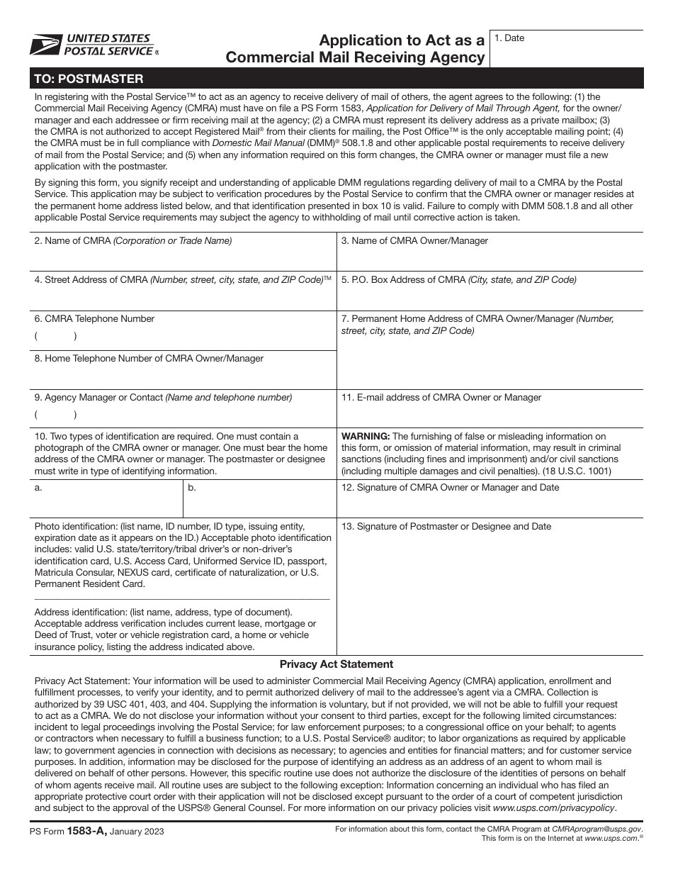 PS Form 1583-A Application to Act as a Commercial Mail Receiving Agency, Page 1