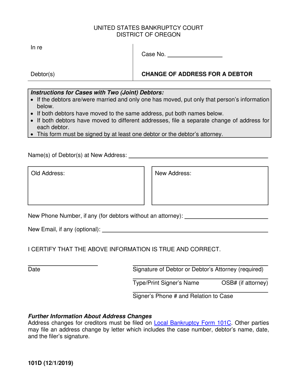 Form 101D Change of Address for a Debto - Oregon, Page 1