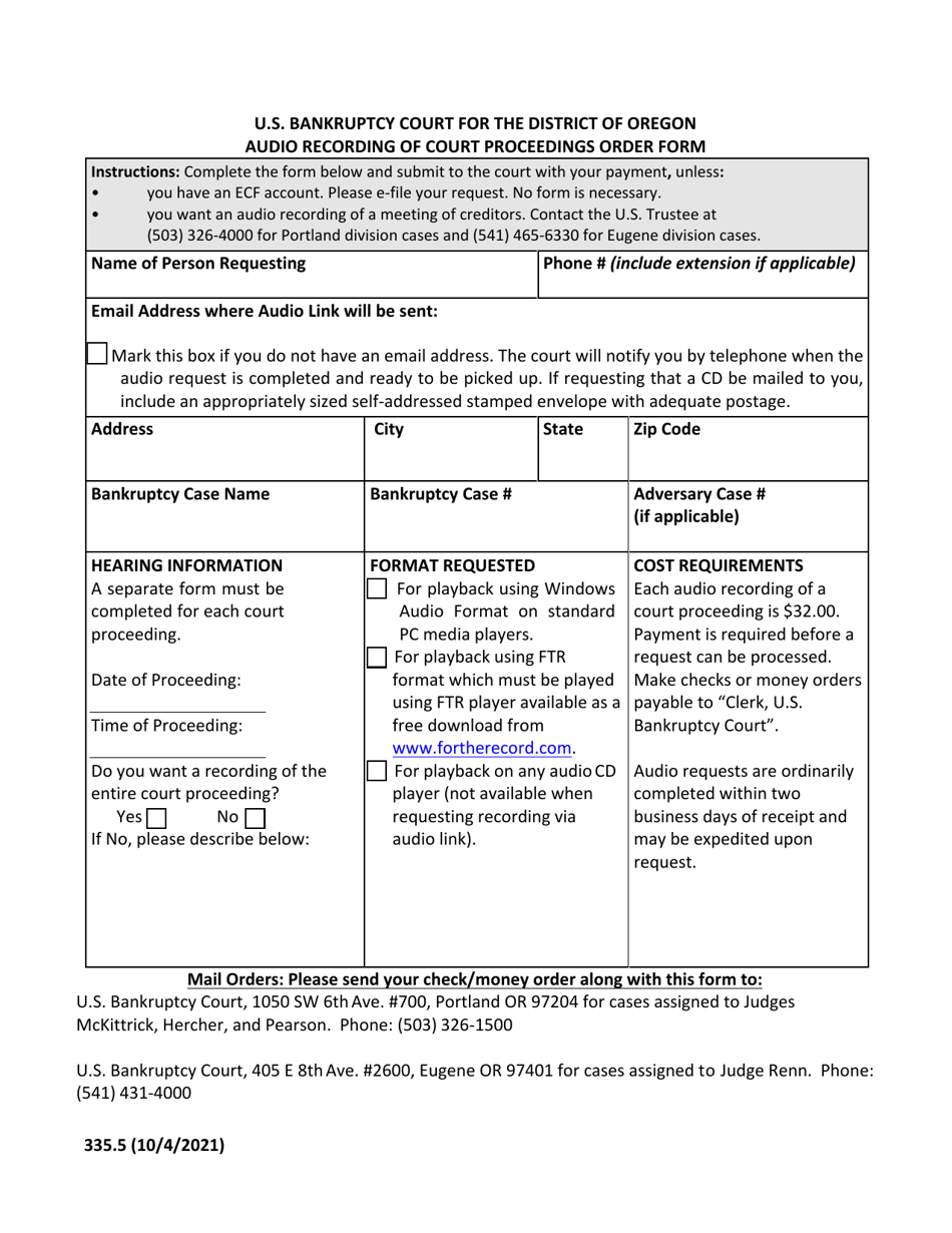 Form 335.5 Audio Recording of Court Proceedings Order Form - Oregon, Page 1