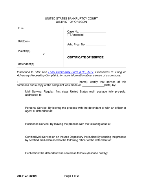 Form 305 Certificate of Service - Oregon
