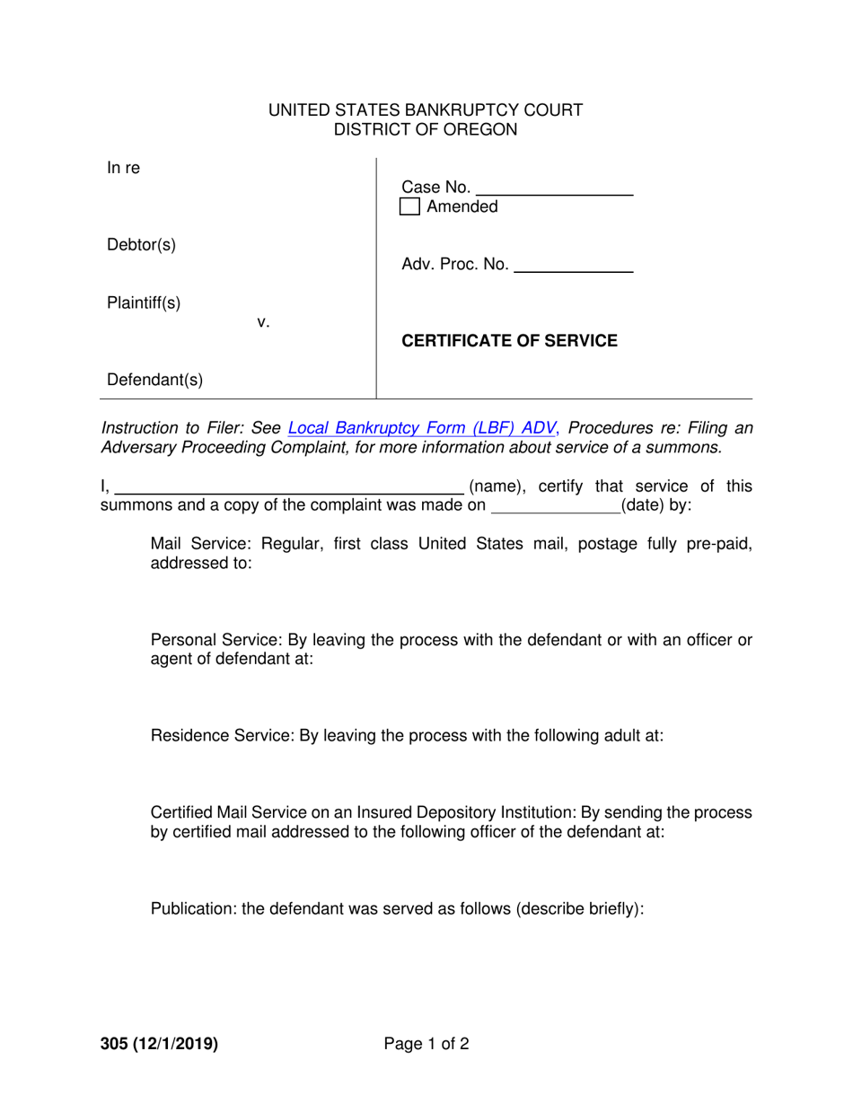 Form 305 Certificate of Service - Oregon, Page 1