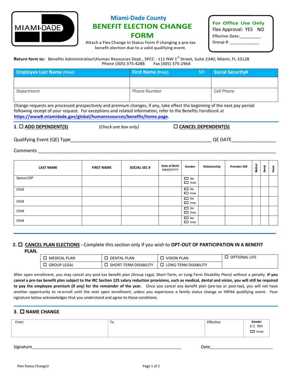 Benefit Election Change Form - Miami-Dade County, Florida, Page 1