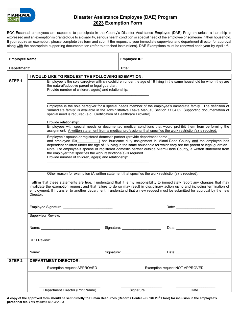 Exemption Form - Disaster Assistance Employee (Dae) Program - Miami-Dade County, Florida, Page 1