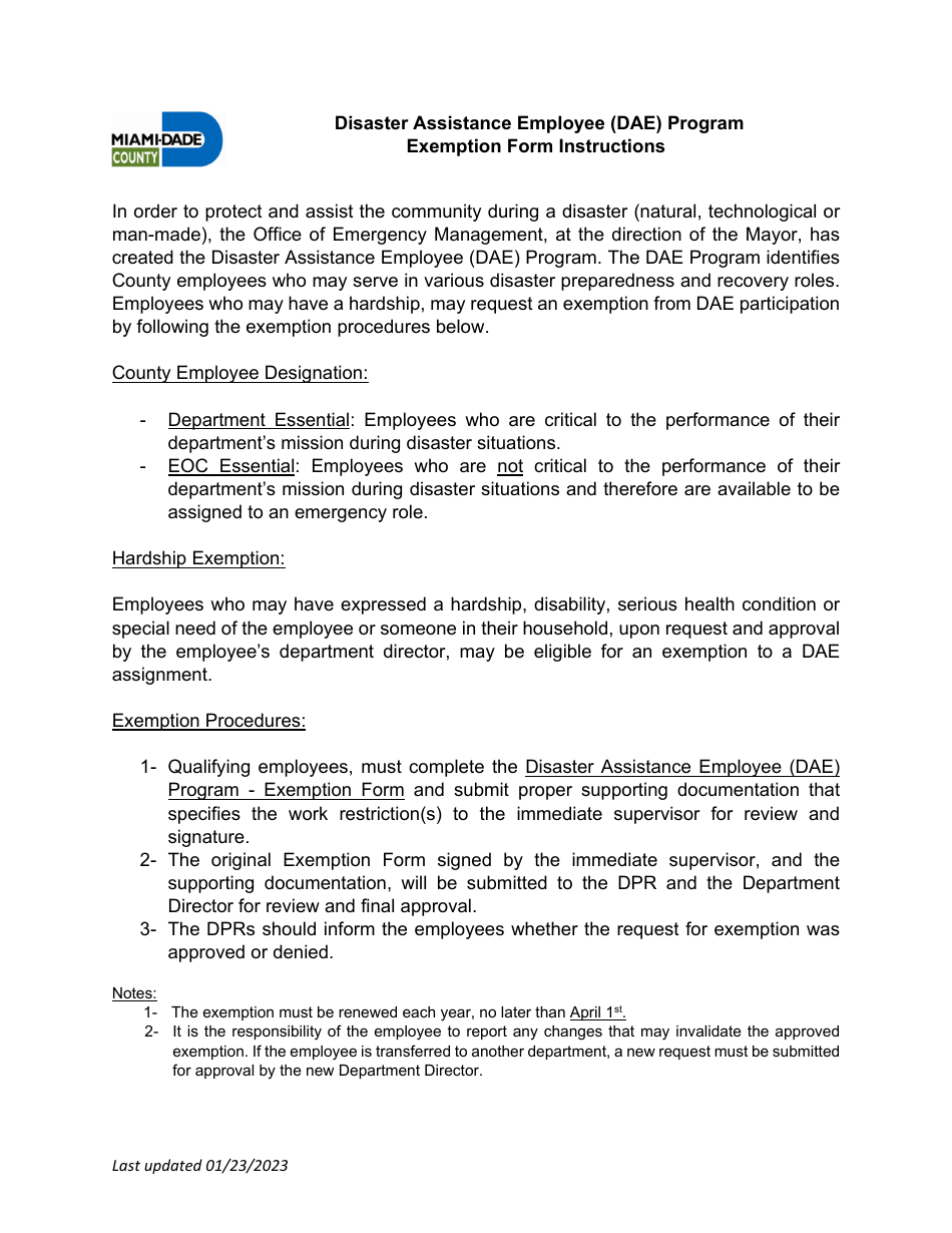 Exemption Form - Disaster Assistance Employee (Dae) Program - Miami-Dade County, Florida, Page 2
