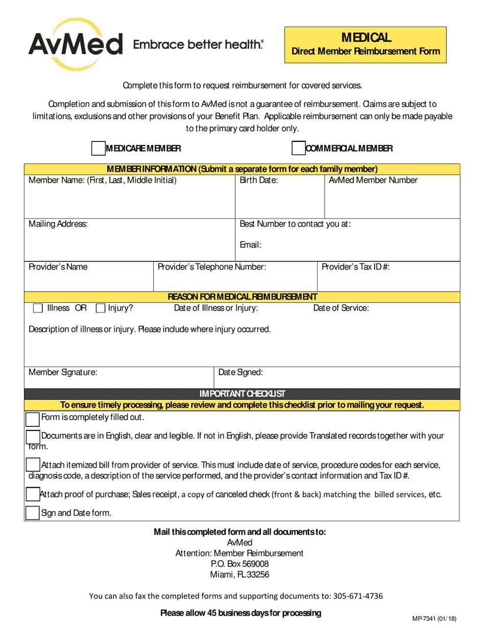 Form MP-7341 Avmed Medical Direct Member Reimbursement Form - Miami-Dade County, Florida, Page 1