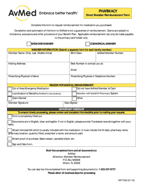 Form MP-7342 Avmed Pharmacy Direct Member Reimbursement Form - Miami-Dade County, Florida