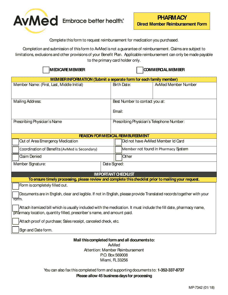 Form MP-7342 Avmed Pharmacy Direct Member Reimbursement Form - Miami-Dade County, Florida, Page 1