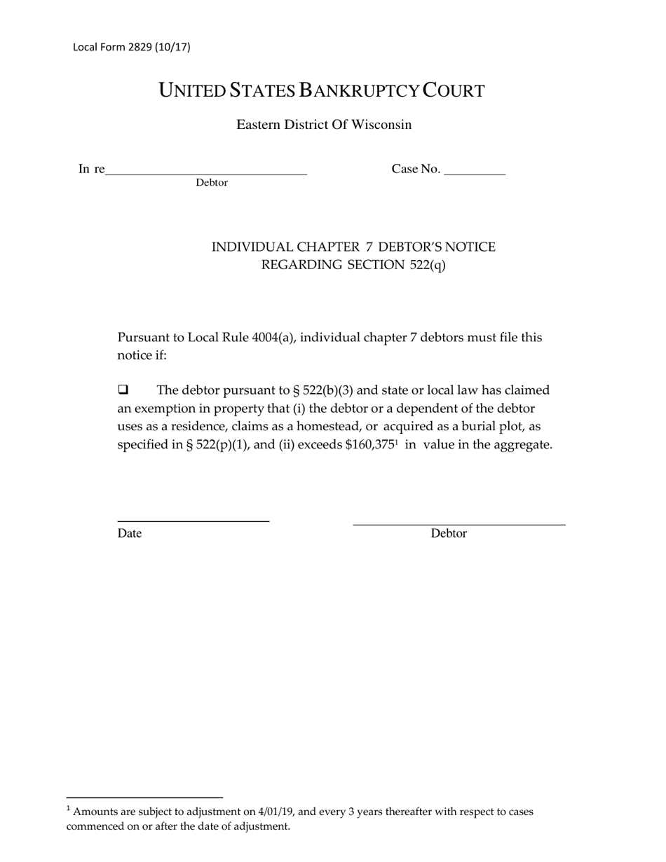 Local Form 2829 Individual Chapter 7 Debtors Notice Regarding Section 522(Q) - Wisconsin, Page 1