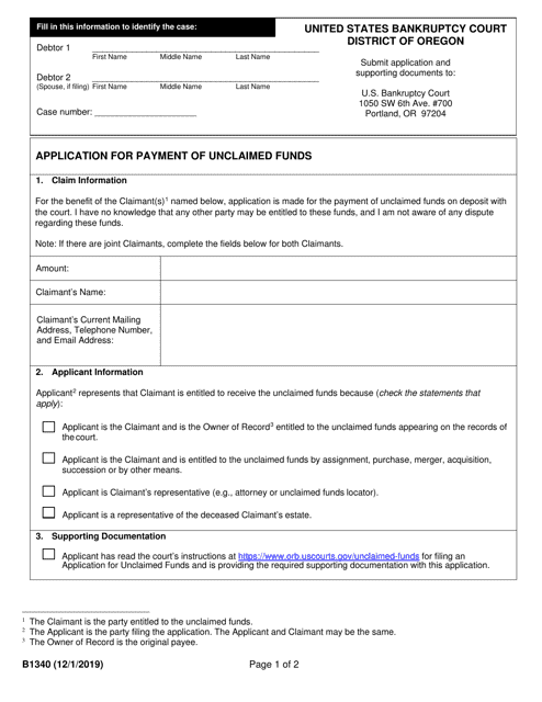 Form B1340 Application for Payment of Unclaimed Funds - Oregon