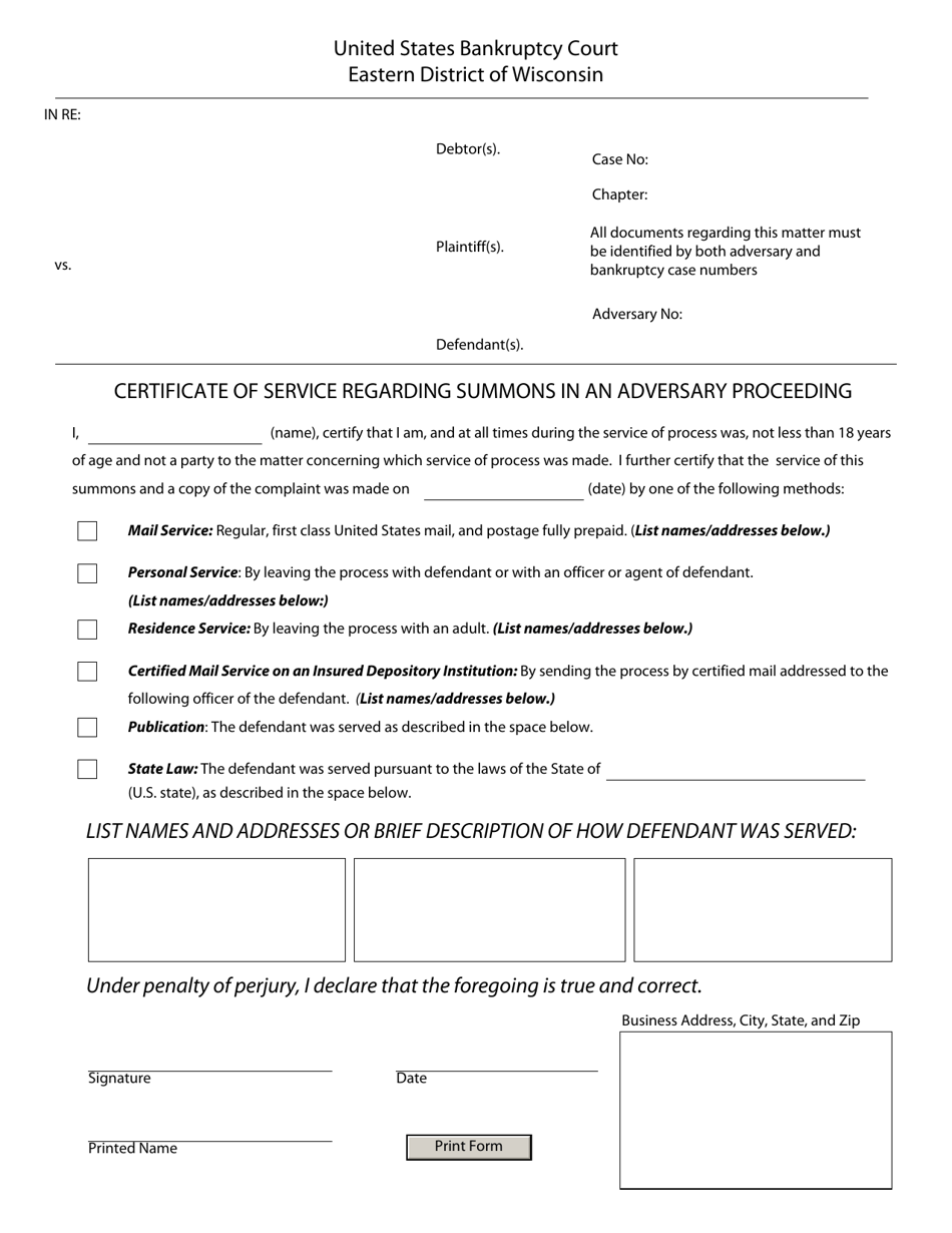 Certificate of Service Regarding Summons in an Adversary Proceeding - Wisconsin, Page 1