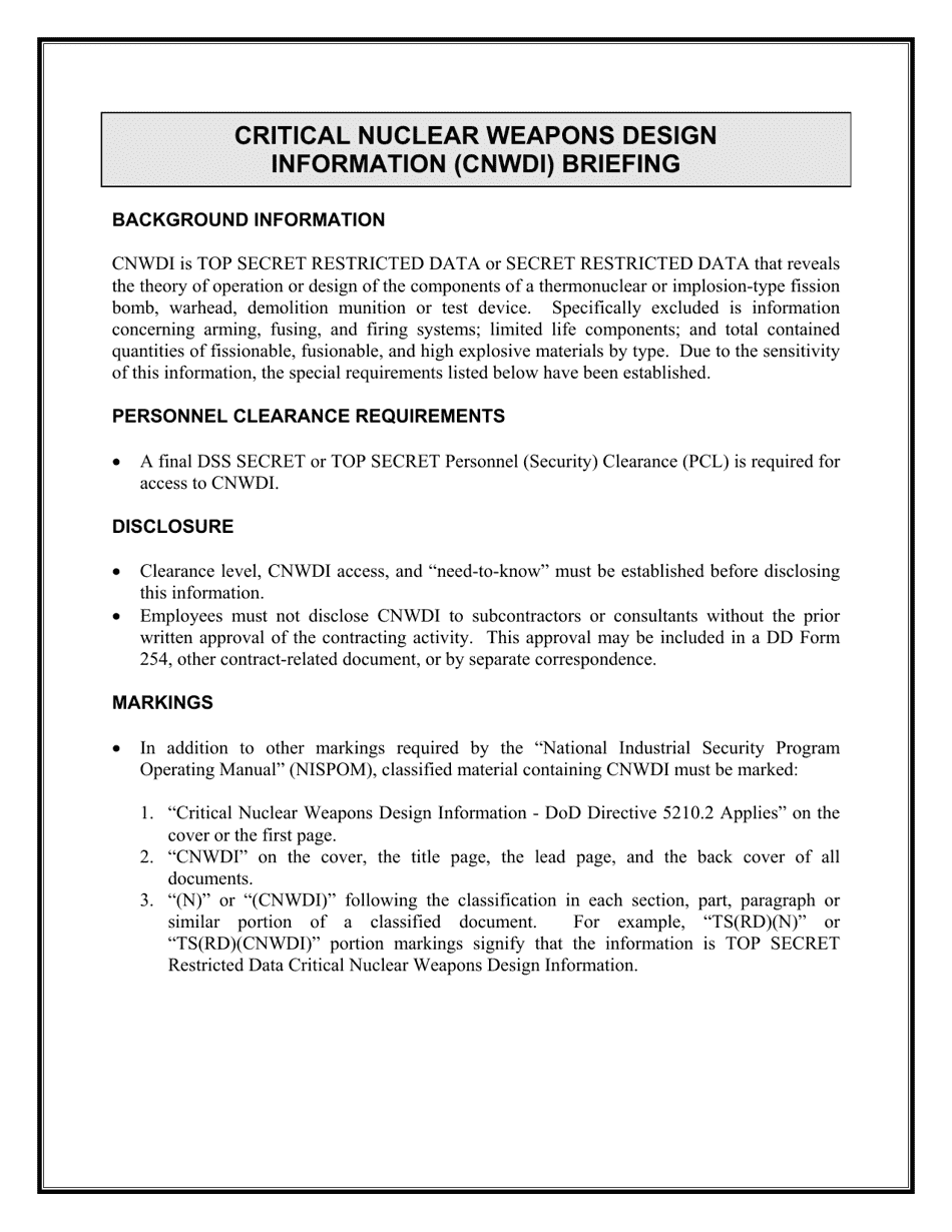 Critical Nuclear Weapons Design Information (Cnwdi) Briefing, Page 1