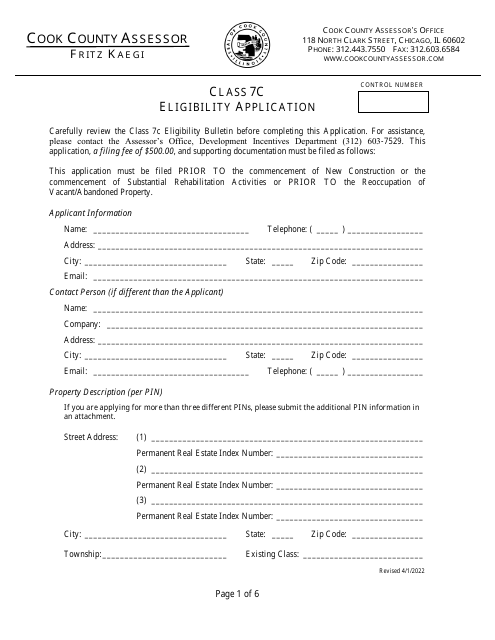Class 7c Eligibility Application - Cook County, Illinois Download Pdf
