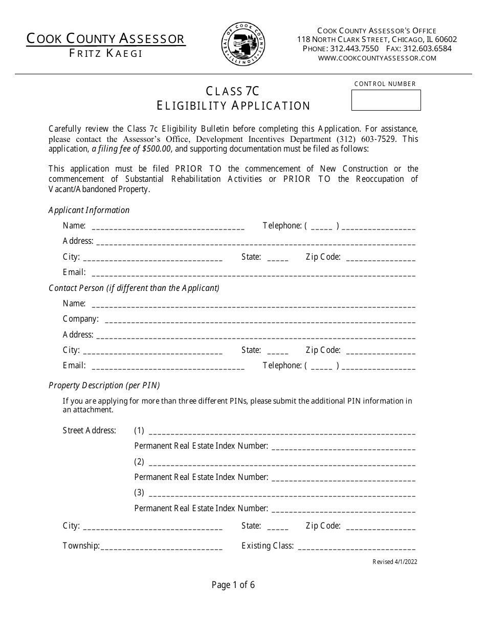 Class 7c Eligibility Application - Cook County, Illinois, Page 1