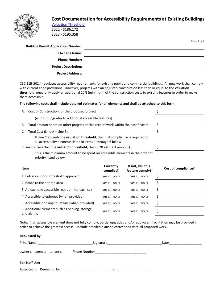 Cost Documentation for Accessibility Requirements at Existing Buildings - Santa Cruz County, California, Page 1