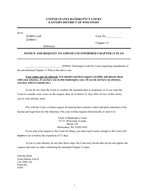 Notice and Request to Amend Unconfirmed Chapter 13 Plan - Wisconsin