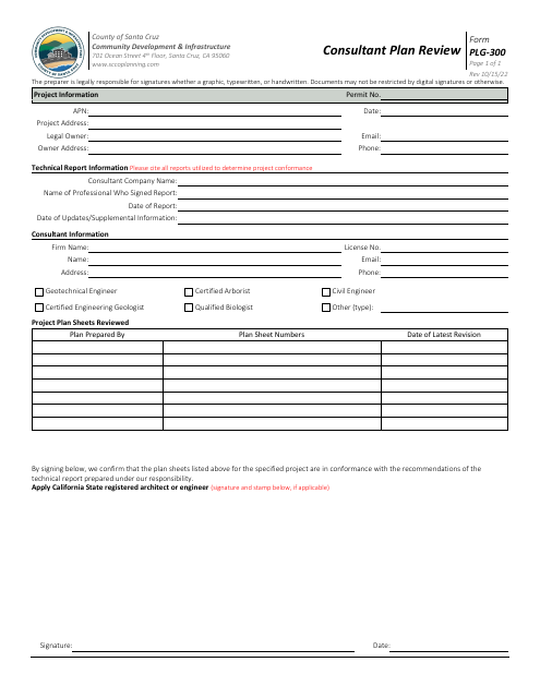 Form PLG-300 Consultant Plan Review - Santa Cruz County, California