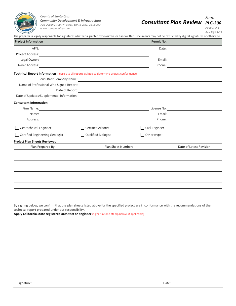 Form PLG-300 Consultant Plan Review - Santa Cruz County, California, Page 1