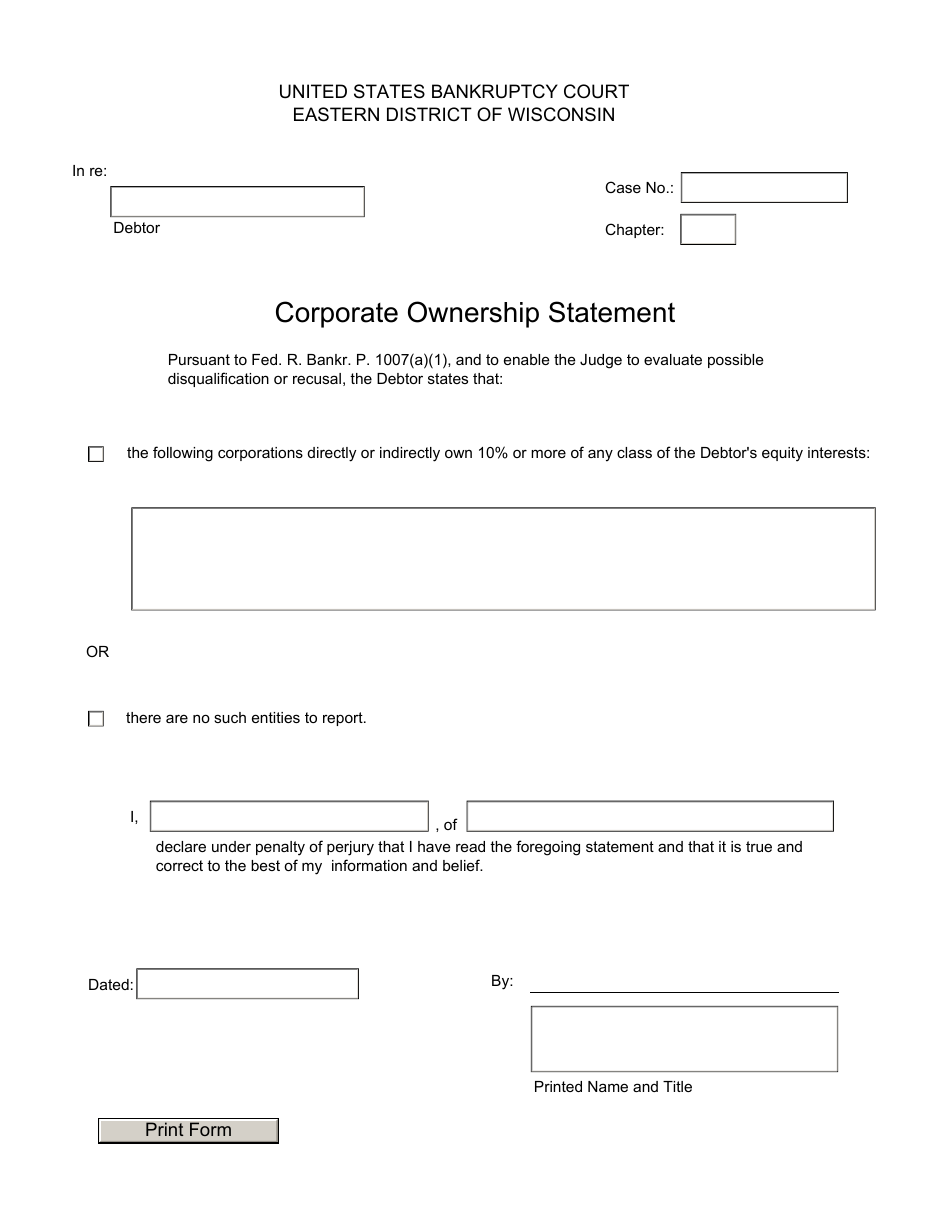 Corporate Ownership Statement - Bankruptcy Case - Wisconsin, Page 1