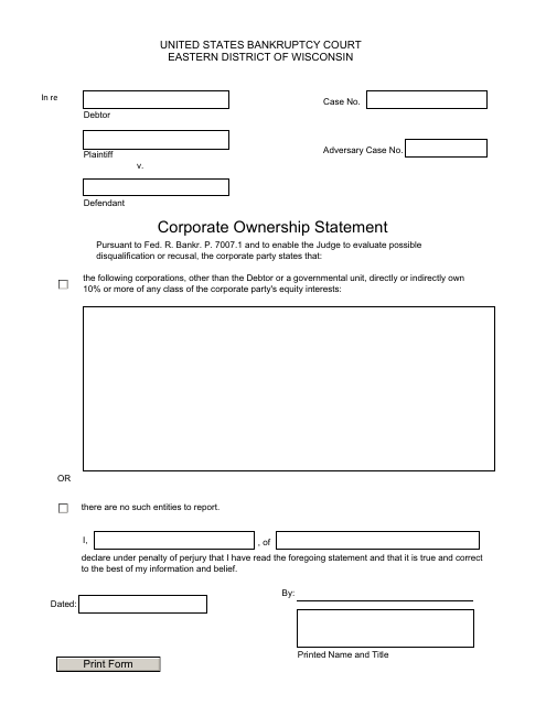 Corporate Ownership Statement - Adversary Case - Wisconsin Download Pdf