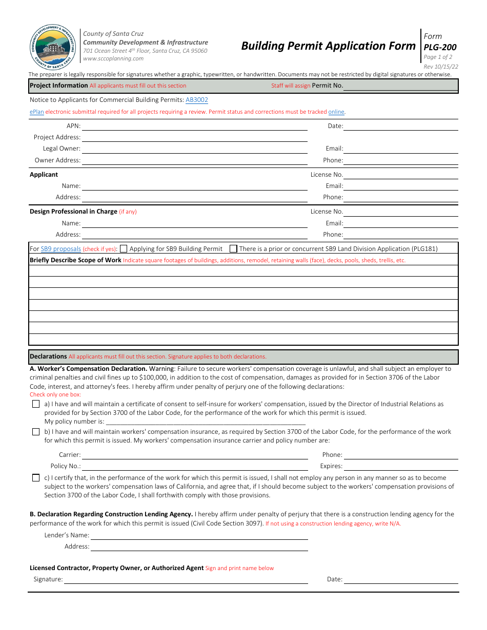 Form PLG-200 Building Permit Application Form - Santa Cruz County, California, Page 1