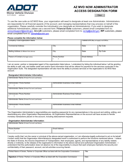 Form 15-0712 Az Mvd Now Administrator Access Designation Form - Arizona