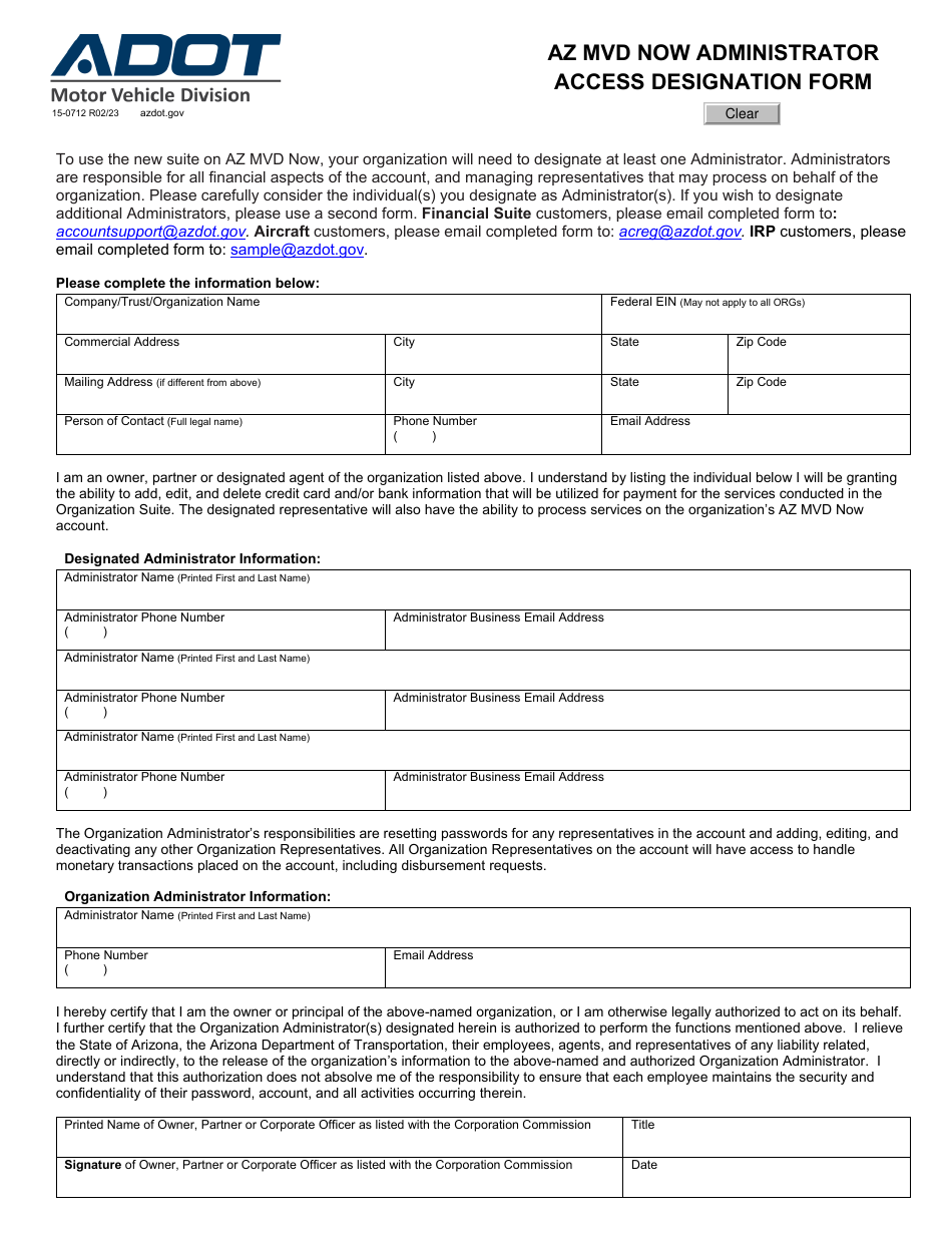 Form 15-0712 Az Mvd Now Administrator Access Designation Form - Arizona, Page 1