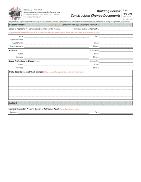 Form PLG-205 Building Permit Construction Change Documents - Santa Cruz County, California